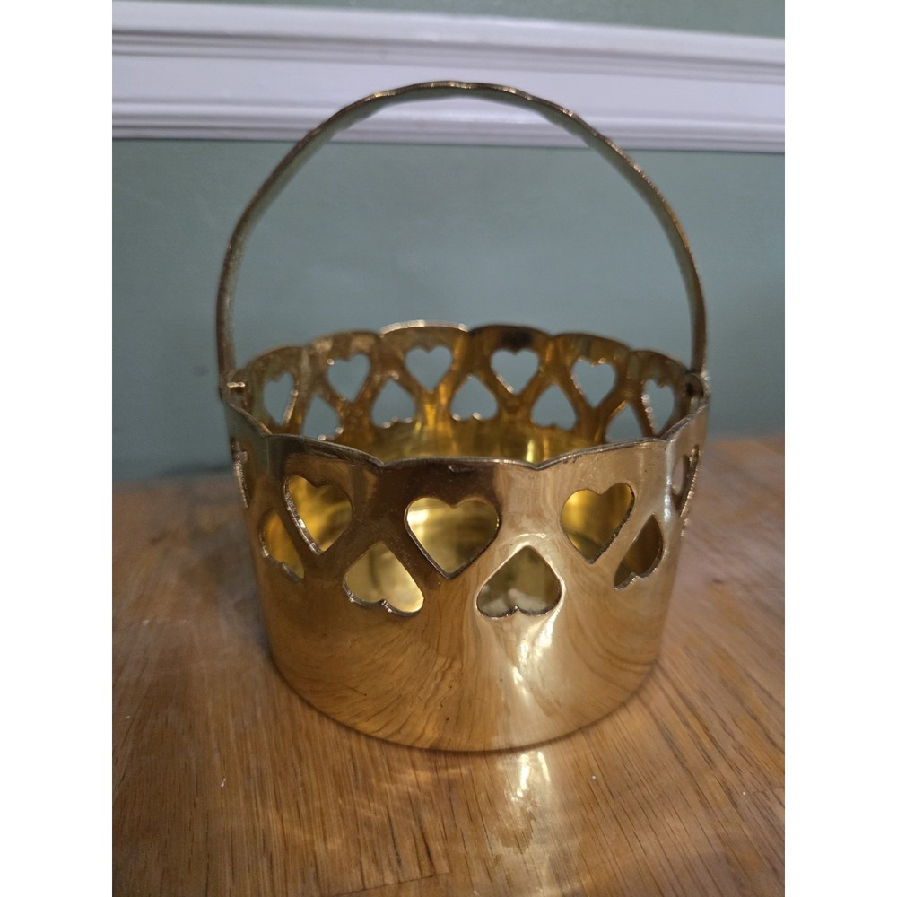 Brass Basket with Reticulated Heart Cut Outs Handle Candle Holder
